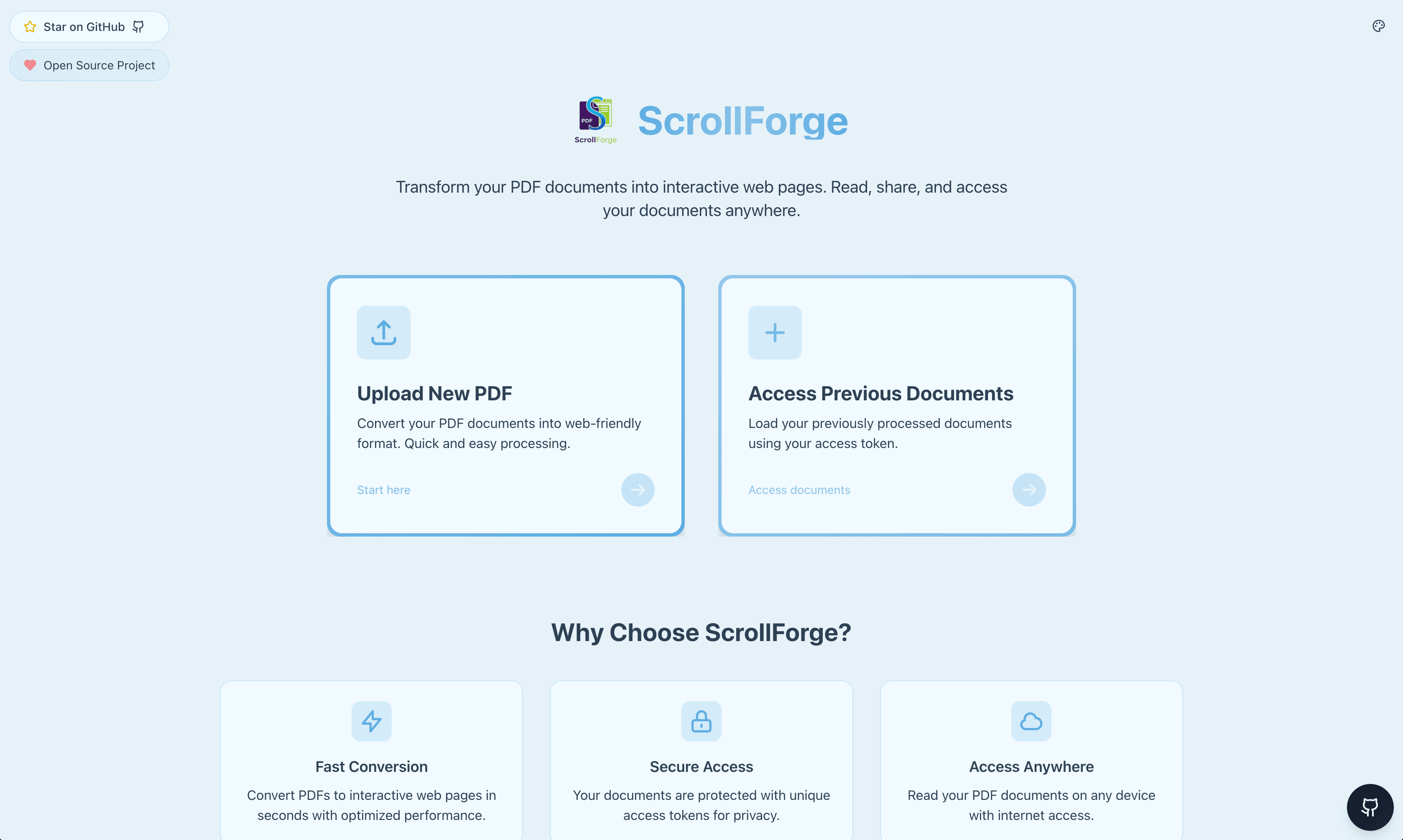 ScrollForge - A free, open-source PDF to website converter that transforms documents into interactive, responsive HTML pages.